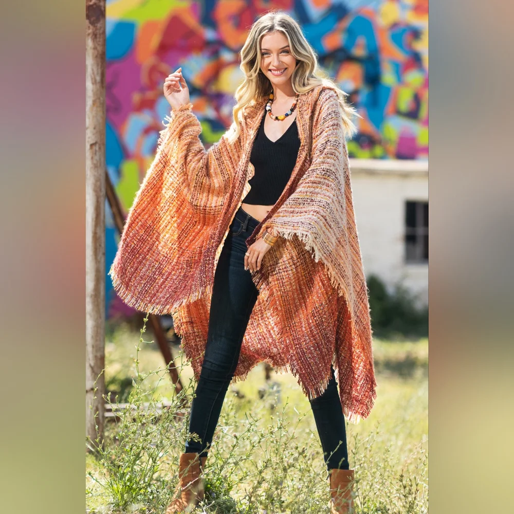 Autumn Sunrise Hooded Ruana - Bottom & Side Fringe - Multicolored Yarns - Picture 3 of 7